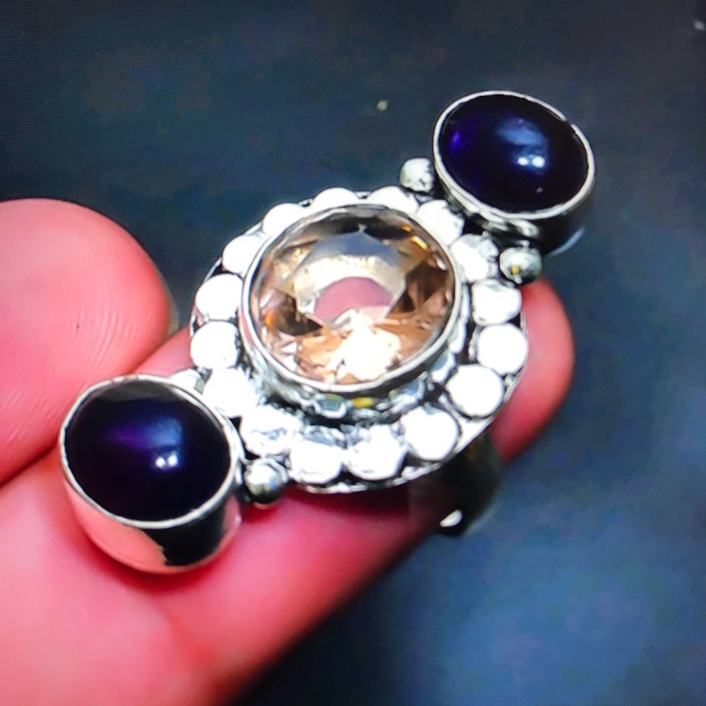 Morganite Blue Sapphire Stamped 925 Sterling Silver Ring